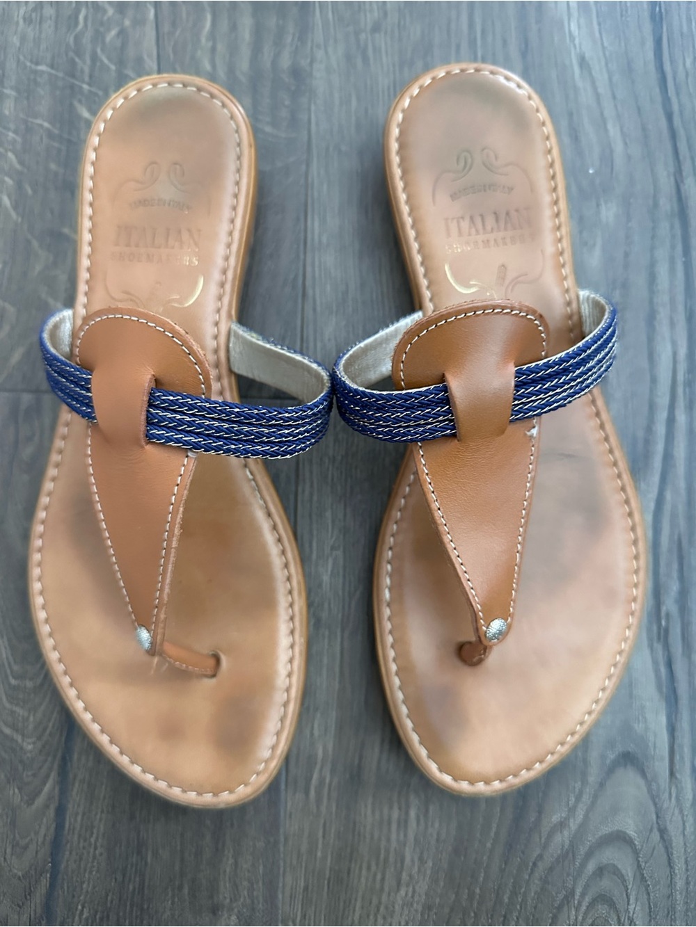 Italian Shoemakers Tan Leather Thong Sandals with Blue Braided Strap